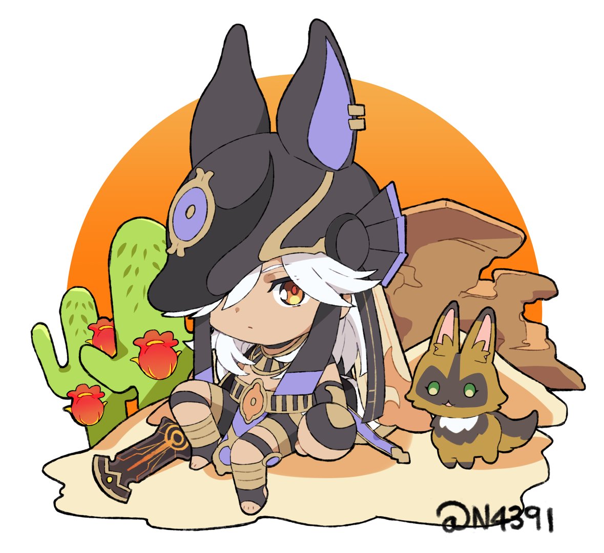 1boy animal_ears animal_hat animal_hood arabian_clothes black_choker black_gloves black_hat black_shorts bridal_gauntlets cactus cactus_fruit cape chibi choker closed_mouth commentary cyno_(genshin_impact) dark-skinned_male dark_skin ear_piercing english_commentary fingerless_gloves full_body gem genshin_impact gloves grey_hair hair_over_one_eye hat headpiece hood jackal_ears kilt long_hair midriff n4391 orange_eyes parted_bangs piercing pout sand shorts sitting solo third-party_source toes twitter_username vision_(genshin_impact)