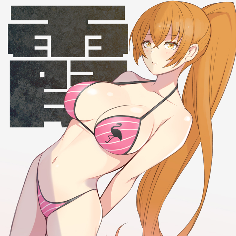 1girl arms_behind_back bare_arms bikini blush breasts cleavage closed_mouth collarbone cowboy_shot dead_or_alive flamingo_print kasumi_(doa) konishiki_(52siki) large_breasts long_hair looking_at_viewer navel orange_eyes orange_hair pink_bikini ponytail smile solo stomach striped_bikini striped_clothes swimsuit text_background very_long_hair white_background