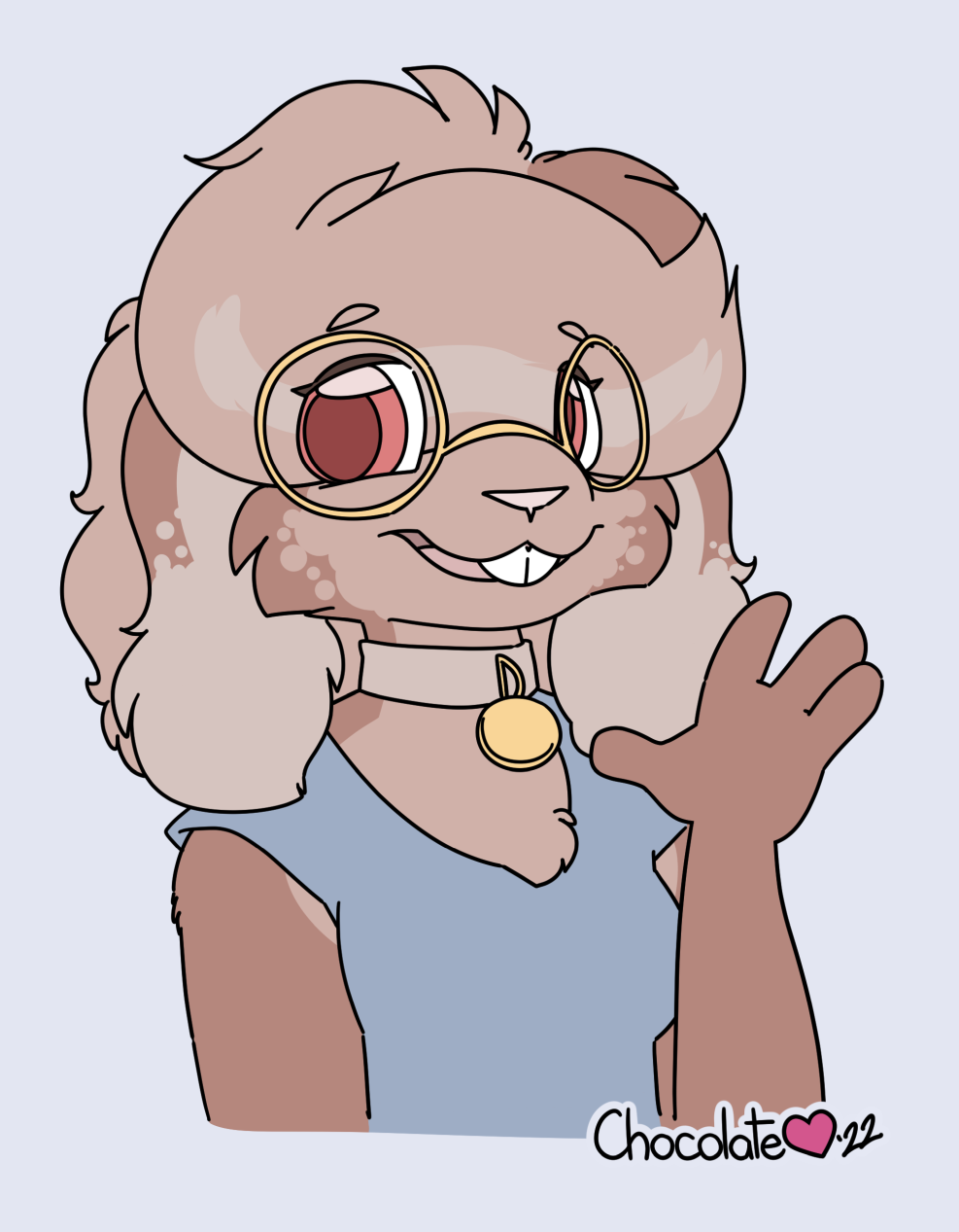 anthro bust_portrait chocolatekitsune chocolatekitsune_(character) clothed clothing collar colored eyewear female fur gesture glasses head_tuft hi_res lagomorph leporid mammal pink_body pink_fur portrait rabbit signature solo tuft waving waving_at_viewer