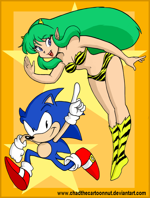 anthro breasts chadthecartoonnut clothing crossover female floating green_hair hair happy hedgehog horn human human_on_anthro humanoid interspecies long_hair lum male mammal pointy_ears sonic_(series) sonic_the_hedgehog urusei_yatsura video_games