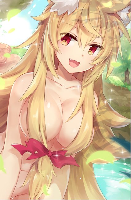 animal_ears blonde_hair blush breasts character_request fang fox_ears front_ponytail hair_censor hair_ribbon long_hair medium_breasts navel nude open_mouth orange_eyes ribbon smile solo sparkle tree water yamaarashi