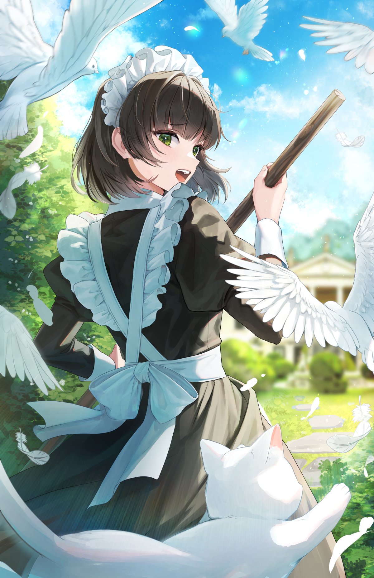 1girl :d animal apron back_bow bird black_hair blue_sky blush bow broom cat day dove feathers frilled_apron frills from_behind garden green_eyes highres holding holding_broom juliet_sleeves long_sleeves looking_at_viewer looking_back maid maid_headdress open_mouth original outdoors plus1024 puffy_sleeves short_hair sky smile solo teeth upper_teeth_only white_apron white_bow white_cat wrist_cuffs