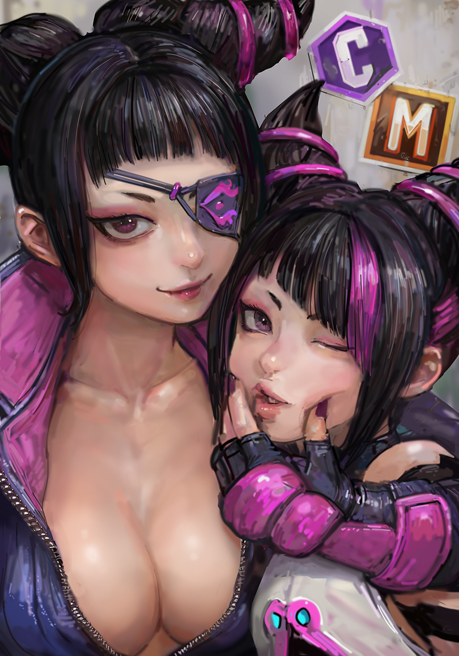 2girls black_hair breasts collarbone commentary_request diagonal_bangs dual_persona eyepatch hair_horns han_juri hand_on_another's_cheek hand_on_another's_face highres large_breasts medium_hair miche multicolored_hair multiple_girls one_eye_closed parted_lips pink_eyes pink_hair smile streaked_hair street_fighter street_fighter_6 street_fighter_v two-tone_hair