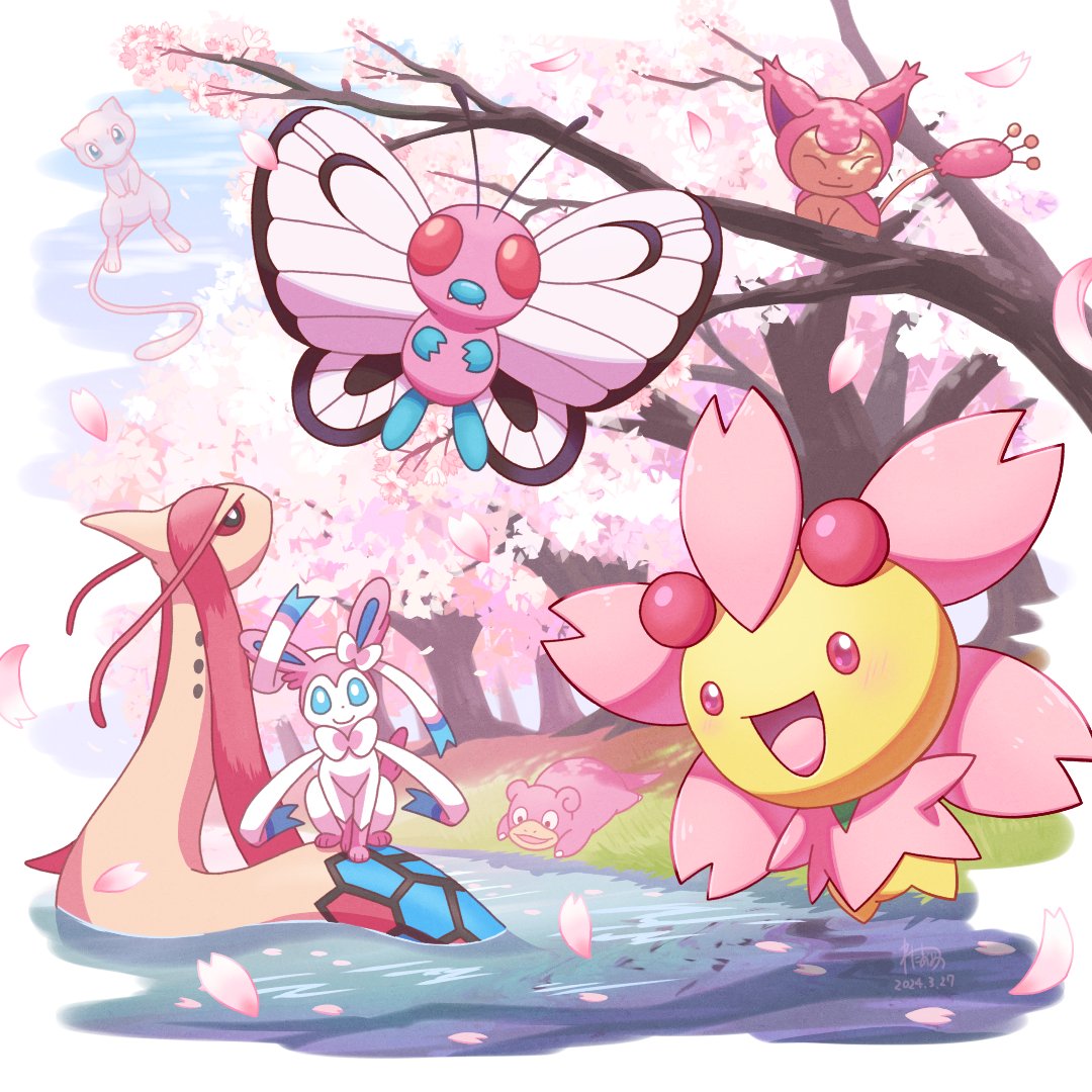 alternate_color animal_focus blue_eyes border bug butterfly butterfree cherrim cherrim_(sunshine) cherry_blossoms closed_mouth commentary_request falling_petals floating mew_(pokemon) milotic no_humans outdoors petals pokemon pokemon_(creature) red_eyes scales shiny_pokemon sitting_on_branch skitty slowpoke smile sylveon tree wataame4907 water white_border