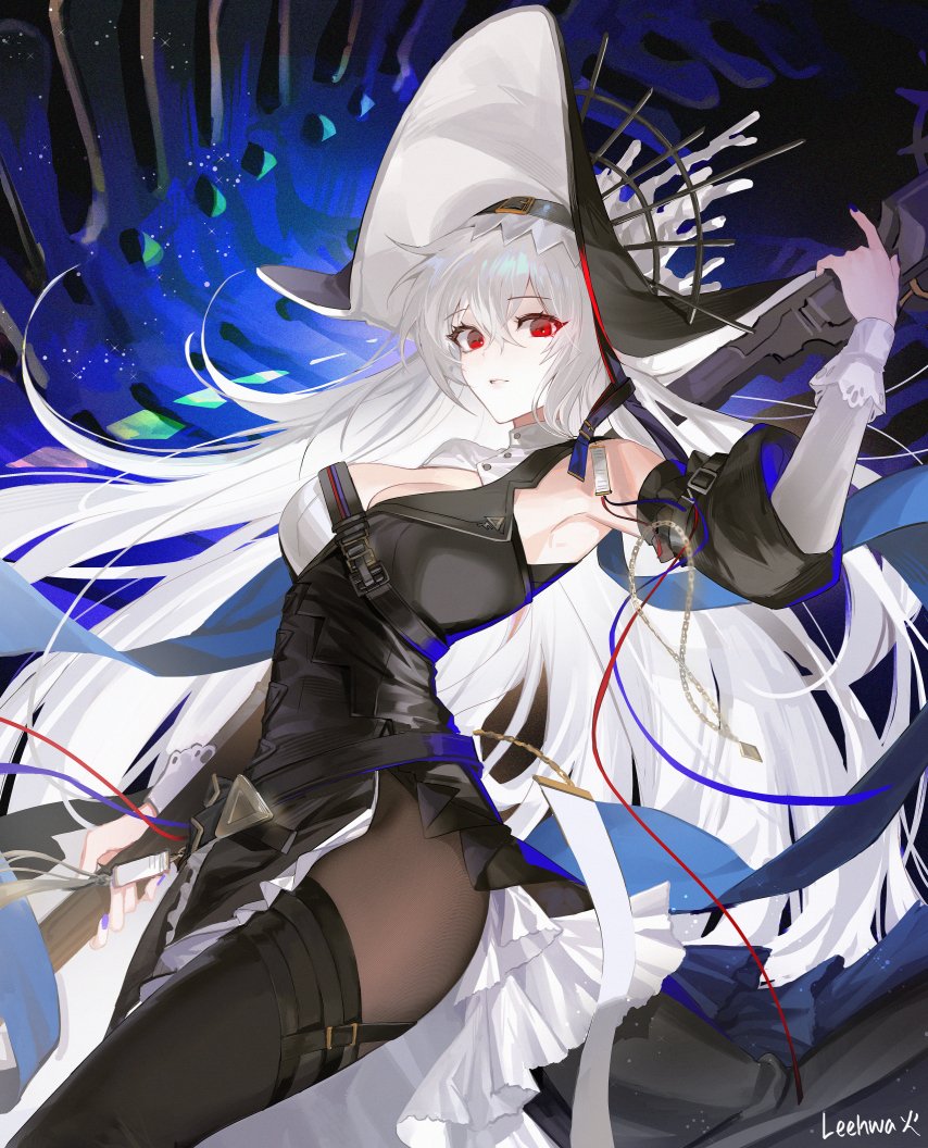 1girl arknights arm_up armpits black_dress black_hat black_pantyhose black_thighhighs breasts commentary dress hair_between_eyes holding large_breasts long_hair long_sleeves looking_at_viewer nail_polish pantyhose purple_nails red_eyes rihi_(leehwa_owo) side_slit signature solo specter_(arknights) specter_the_unchained_(arknights) thighhighs two-tone_hat very_long_hair white_hair white_hat