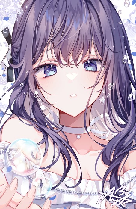 25-ji_nightcord_de._(project_sekai) asahina_mafuyu blue_eyes character_request check_character choker collarbone floral_background hair_between_eyes hands_up long_hair looking_at_viewer off-shoulder_shirt off_shoulder parted_lips project_sekai purple_hair shirt signature taya_oco white_background white_choker white_shirt