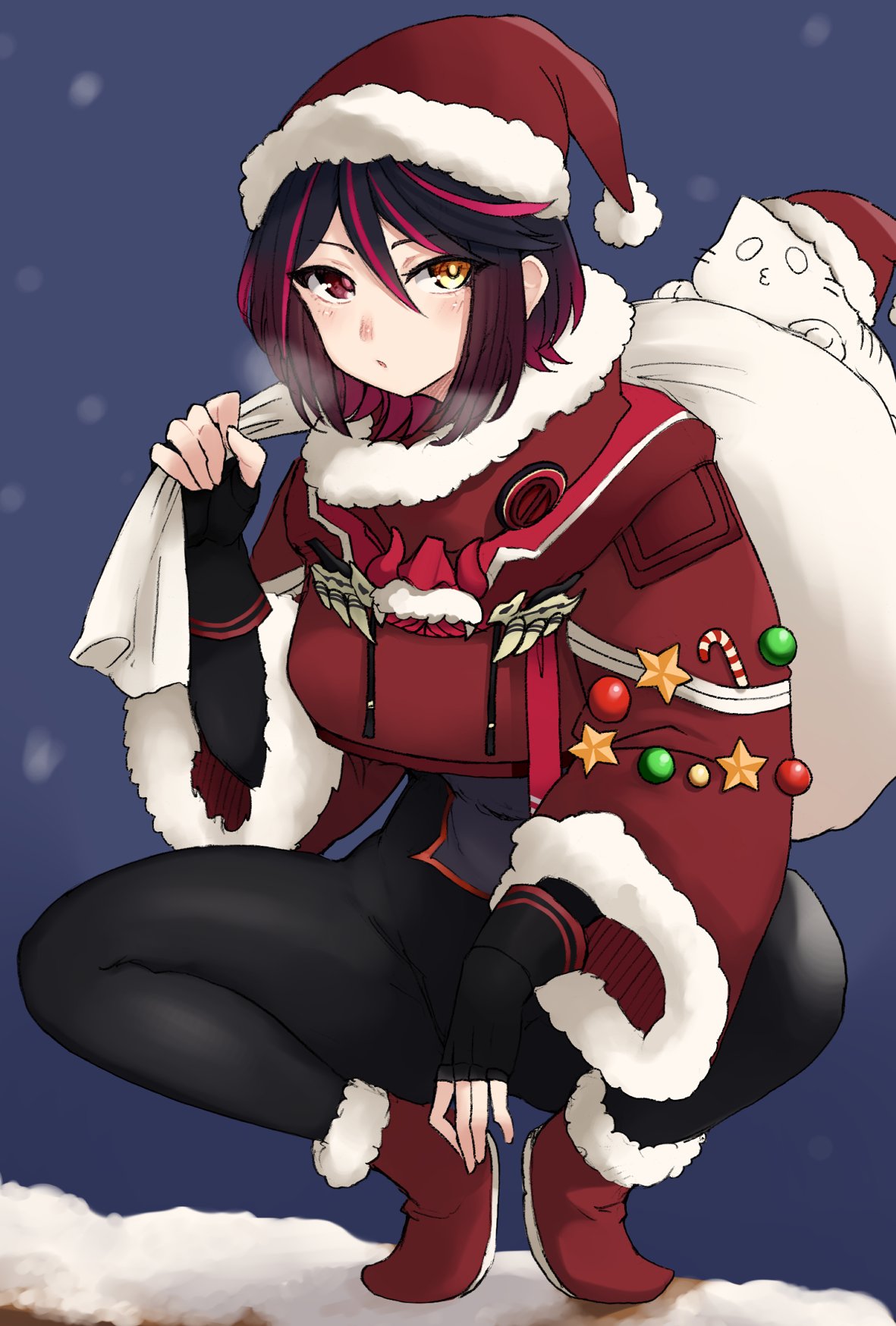 1girl black_hair black_pantyhose boots fingerless_gloves gloves gradient_hair hat heterochromia highres holding holding_sack iris_black_games kisaragi_ren_(vtuber) looking_at_viewer multicolored_hair pantyhose red_eyes red_hair sack sakushin santa_boots santa_costume santa_hat sitting solo spread_legs virtual_youtuber vspo! yellow_eyes