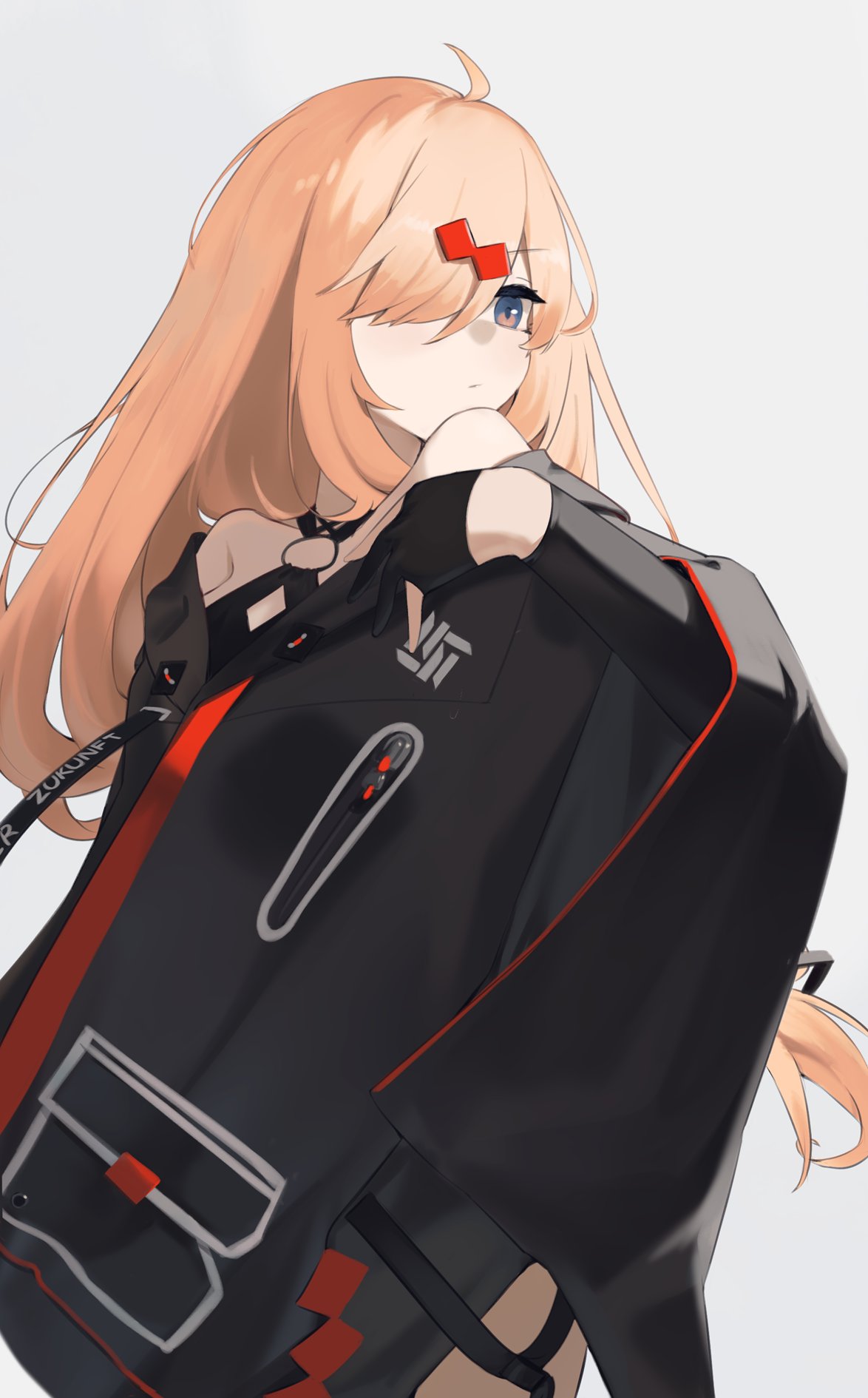 1girl black_cloak black_gloves blonde_hair blue_eyes cloak clothes_writing cowboy_shot dot_mouth expressionless german_text girls'_frontline gloves hair_ornament hair_over_one_eye half_gloves highres hinami047 long_hair mg36_(girls'_frontline) no_nose simple_background solo white_background