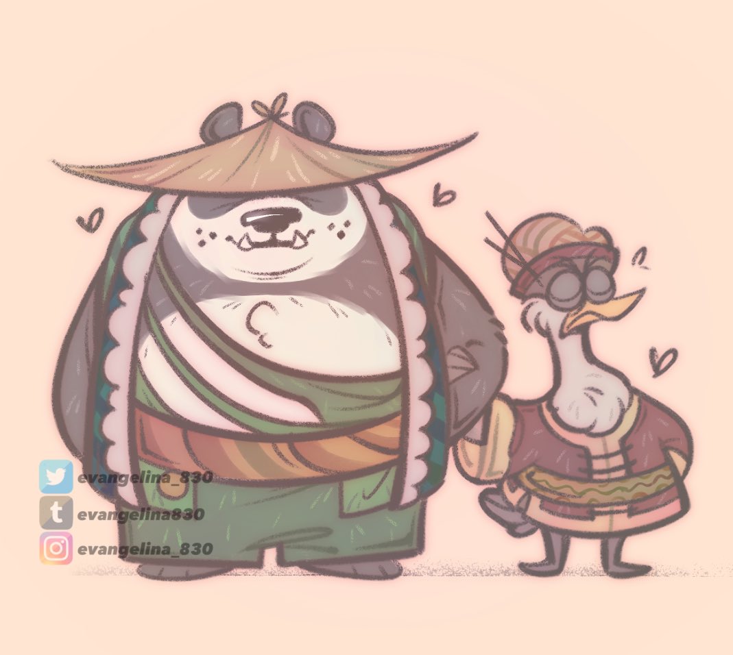 anatid anseriform anthro avian bear bird black_and_white_fur clothing dreamworks duck duo evangelina_830 giant_panda hand_holding hat headgear headwear heart_symbol kung_fu_panda li_shan_(kung_fu_panda) male male/male mammal mr._ping question_mark straw_hat tsundere