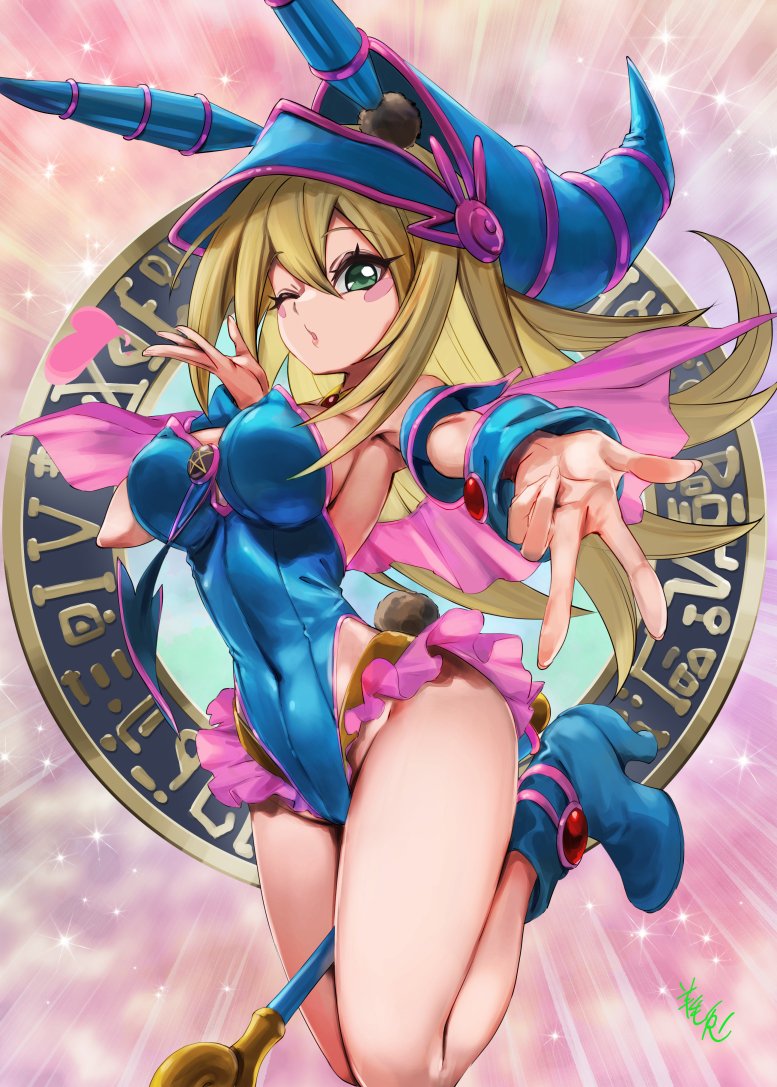 1girl animal_ears armpits bare_shoulders blonde_hair blue_footwear blue_hat blue_leotard blush_stickers boots breasts brooch capelet covered_navel dark_magician_girl duel_monster eyelashes fake_animal_ears fake_tail foot_out_of_frame frilled_leotard frills green_eyes hat highleg highleg_leotard jewelry large_breasts leotard long_hair looking_at_viewer magic_circle one_eye_closed outstretched_arm pink_capelet playboy_bunny rabbit_ears rabbit_tail sideboob solo staff tail witch_hat youmou_usagi yu-gi-oh!