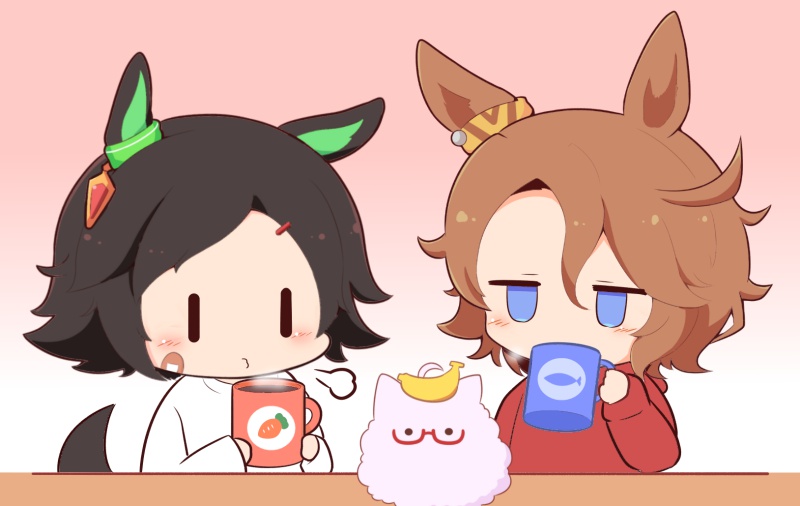 ._. 2girls ahoge animal_ears banana biwa_hayahide_(umamusume) black_hair blowing blue_eyes brown_hair chibi cup food fruit glasses gomashio_(goma_feet) gradient_background hair_between_eyes hair_ornament hairclip holding holding_cup hood hood_down hoodie horse_ears horse_girl horse_tail jitome long_sleeves mug multiple_girls narita_taishin_(umamusume) parted_bangs pink_background puffy_long_sleeves puffy_sleeves red-framed_eyewear red_hoodie semi-rimless_eyewear shirt sleeves_past_wrists swept_bangs tail umamusume under-rim_eyewear white_background white_shirt winning_ticket_(umamusume) |_|