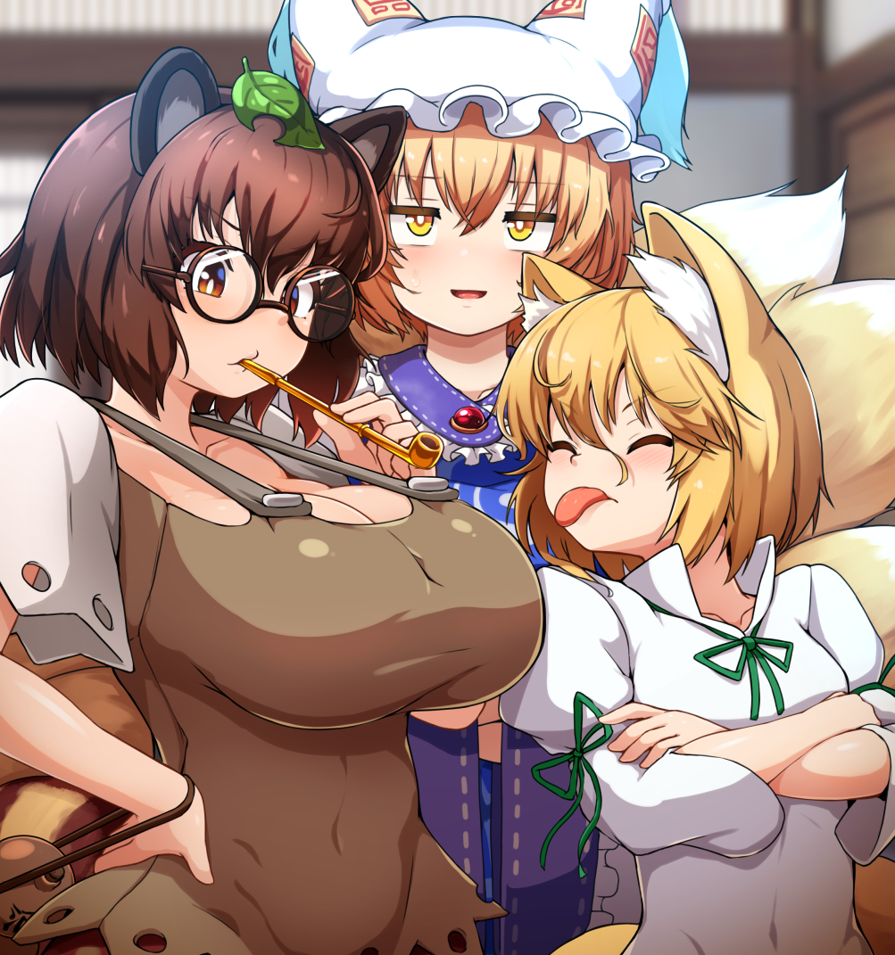 3girls :p anger_vein angry animal_ear_headwear animal_ears annoyed blonde_hair blue_tabard blush breasts brown_eyes brown_hair brown_shirt cleavage closed_eyes commentary_request covered_navel crossed_arms false_smile fox_ears fox_girl fox_tail frown futatsuiwa_mamizou gem glasses gourd hair_between_eyes hand_up hands_on_own_hips hat holding holding_smoking_pipe huge_breasts kitsune kudamaki_tsukasa large_breasts leaf leaf_on_head light_smile looking_at_another looking_back looking_up medium_hair multiple_girls multiple_tails naughty_face parted_lips peso_(cheese_company) raccoon_ears raccoon_girl raccoon_tail red_gemstone shirt small_breasts smile smoking_pipe tabard tail tongue tongue_out touhou unamused upper_body white_romper yakumo_ran yellow_eyes