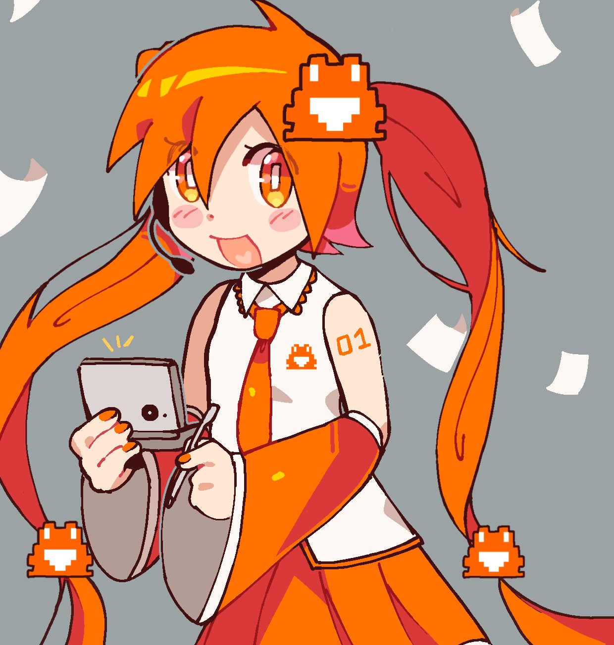 1girl alternate_color blush collared_shirt commentary english_commentary flipnote_studio handheld_game_console hatsune_miku headset highres koafreedraw long_hair looking_at_viewer low-tied_long_hair microphone necktie nintendo_dsi open_mouth orange_eyes orange_hair orange_necktie orange_skirt shirt skirt smile solo twintails very_long_hair vocaloid white_shirt