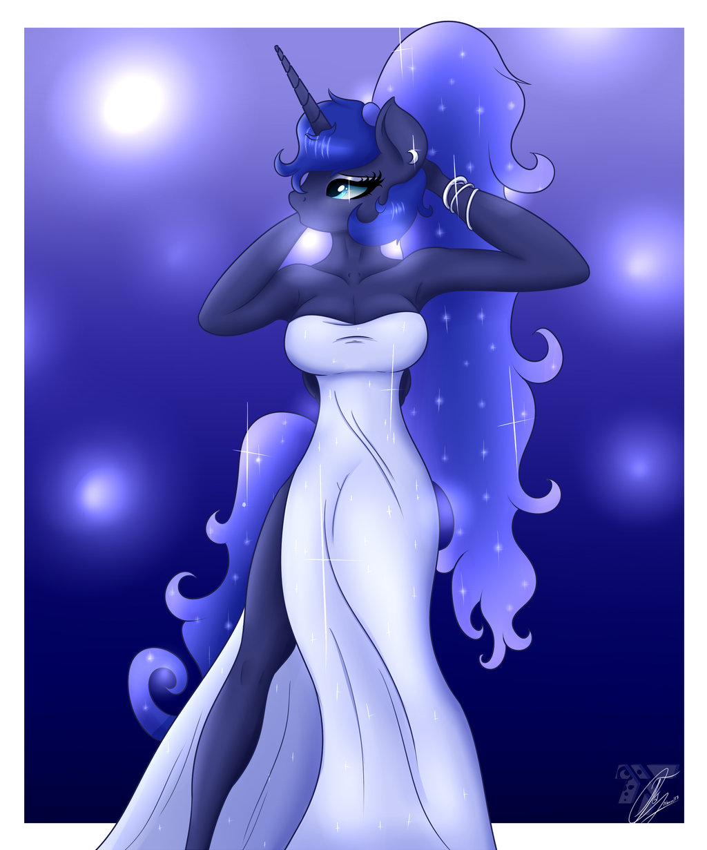2017 anthro anthrofied armpits aura better_version_at_source blue_eyes blue_hair bracelet breasts clothed clothing cute digital_media_(artwork) dress equine eyelash eyeshadow female friendship_is_magic fur hair half-closed_eyes horn jewelry makeup mammal my_little_pony princess_luna_(mlp) simple_background solo standing trentgt winged_unicorn wings