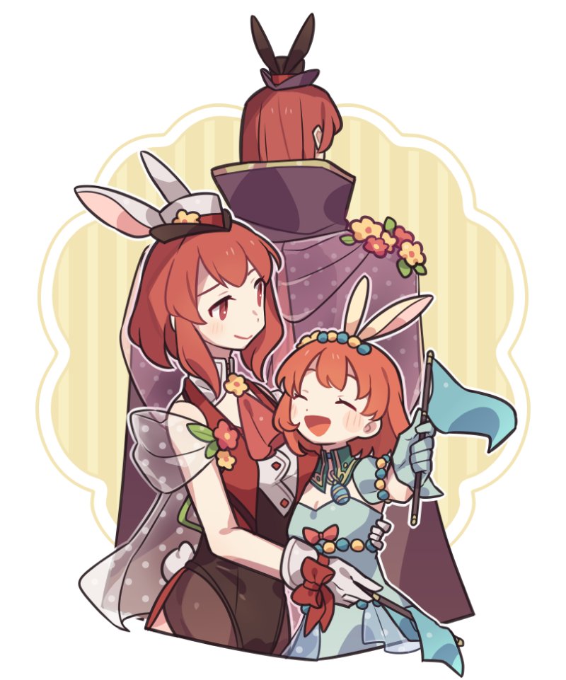 1boy 2girls :d ^_^ animal_ears border brother_and_sister cape closed_eyes fake_animal_ears fire_emblem fire_emblem:_mystery_of_the_emblem fire_emblem_heroes flag haconeri holding holding_flag long_hair maria_(fire_emblem) maria_(spring)_(fire_emblem) medium_hair michalis_(fire_emblem) michalis_(spring)_(fire_emblem) minerva_(fire_emblem) minerva_(spring)_(fire_emblem) multiple_girls official_alternate_costume open_mouth outside_border purple_cape rabbit_ears red_eyes red_hair siblings sisters smile white_border yellow_background