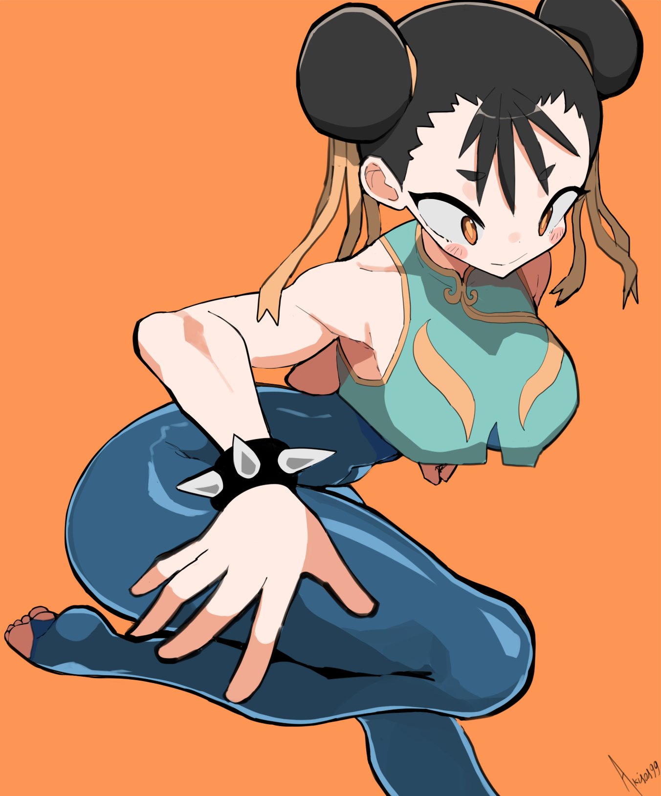 1girl akisas99 bare_shoulders black_hair blue_unitard blue_vest bracelet chun-li covered_navel crane_stance crop_top double_bun hair_bun hair_ribbon highres jewelry official_alternate_costume official_alternate_hairstyle orange_background orange_eyes ribbon simple_background skin_tight spiked_bracelet spikes stirrup_legwear street_fighter street_fighter_zero_(series) thick_eyebrows thick_thighs thighs toeless_legwear toes vest