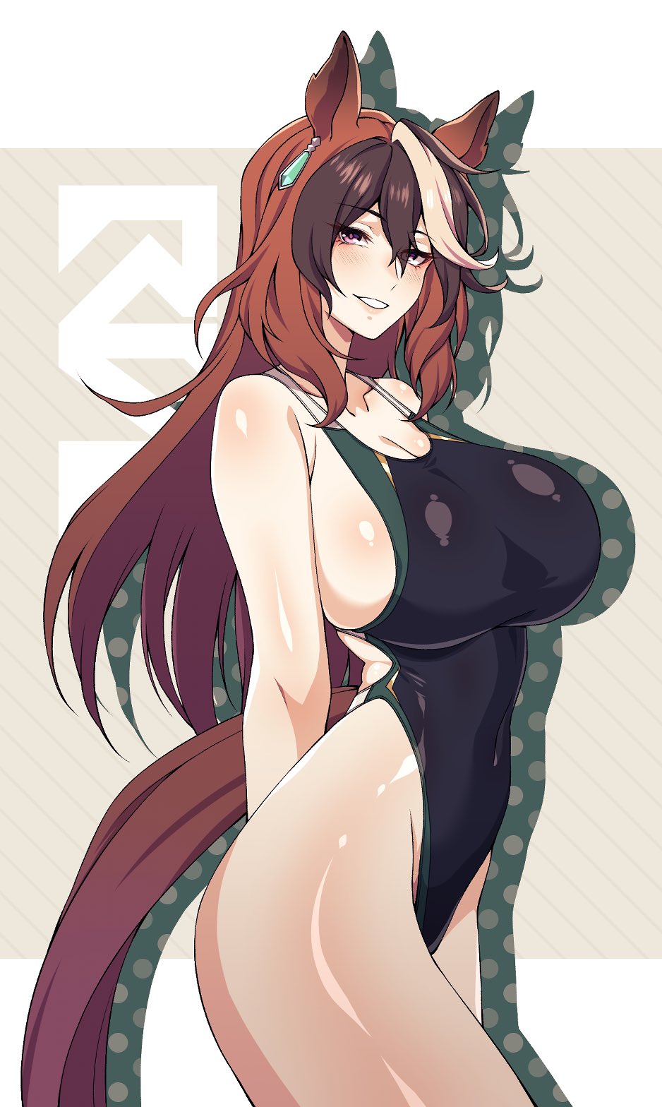 1girl alternate_costume animal_ears arms_behind_back artist_logo bare_shoulders black_one-piece_swimsuit blush breasts brown_hair cero_rains commentary covered_navel cowboy_shot earrings grin hair_between_eyes highleg highleg_swimsuit highres horse_ears horse_girl horse_tail jewelry large_breasts long_hair looking_at_viewer multicolored_hair one-piece_swimsuit parted_lips purple_eyes shadow sideboob single_earring smile solo streaked_hair swimsuit symbol-only_commentary symboli_rudolf_(umamusume) tail two-tone_swimsuit umamusume wet wet_clothes wet_swimsuit white_hair