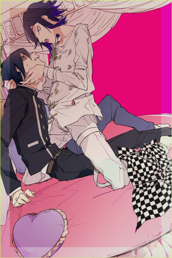 2boys ahoge arm_belt bedroom belt belt_buckle black_jacket black_pants black_scarf black_sleeves blue_hair brown_belt buckle buttons checkered_clothes checkered_scarf clenched_teeth collarbone collared_jacket collared_shirt commentary_request curtains danganronpa_(series) danganronpa_v3:_killing_harmony double-breasted eye_contact eyelashes face-to-face full_body heart heart-shaped_pillow high_collar indoors jacket layered_sleeves looking_at_another male_focus me_(lililico) multiple_belts multiple_boys no_shoes oma_kokichi on_bed open_belt open_mouth panties pants partial_commentary pillow pocket purple_eyes purple_hair saihara_shuichi scarf shirt short_hair sitting sitting_on_lap sitting_on_person smile socks sweatdrop teeth thigh_belt thigh_strap two-tone_scarf underwear unworn_scarf white_belt white_jacket white_panties white_scarf white_shirt white_sleeves white_socks yaoi yellow_eyes