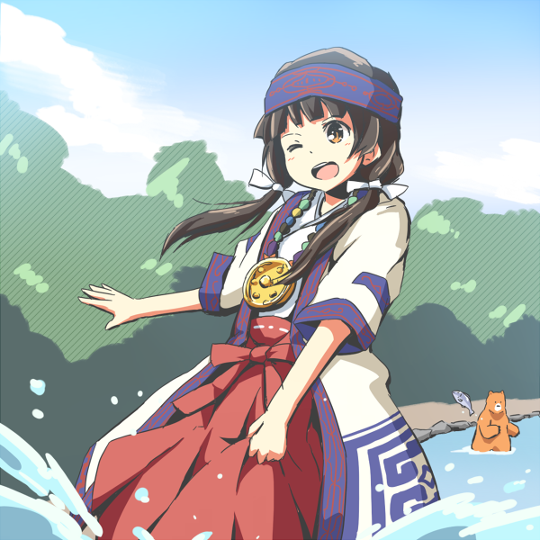 ;d amayadori_machi animal bangs bear black_hair blunt_bangs brown_eyes day fish hair_ribbon hakama headband japanese_clothes kumai_natsu kumamiko long_hair low_twintails medal miko one_eye_closed open_mouth red_hakama riai_(onsen) ribbon smile splashing twintails water