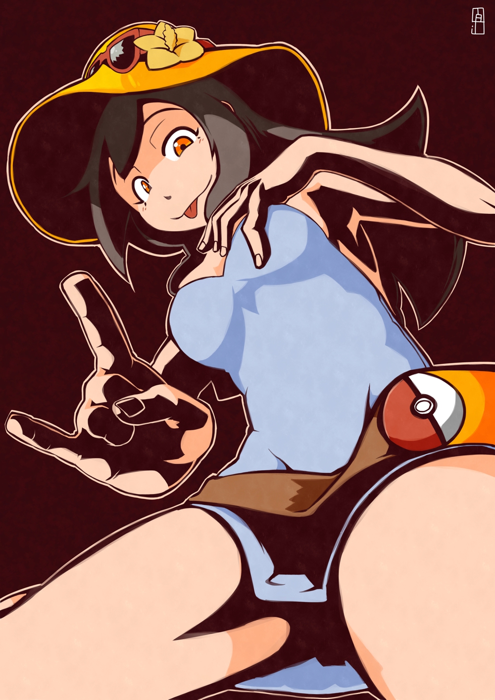 \m/ bangs bare_arms bare_shoulders black_hair blue_dress breasts chawalit_adsawawalanon cleavage closed_mouth dress eyewear_on_head fingernails flower hat hat_flower highres long_hair looking_at_viewer medium_breasts orange_eyes outline poke_ball poke_ball_(generic) pokemon pokemon_(game) pokemon_sm red_background short_dress sightseer_(pokemon) sitting smile solo strapless strapless_dress sun_hat sunglasses thighs tongue tongue_out wariza