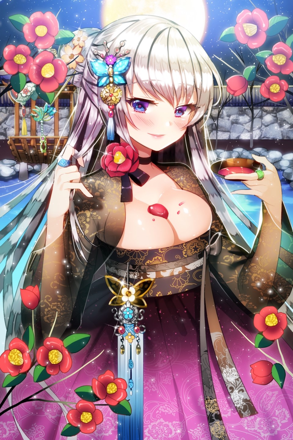 aile_(crossroads) alcohol between_breasts black_choker blue_eyes blush breasts bust_cup choker cleavage cup eyebrows_visible_through_hair flower full_moon hair_bun hair_ornament highres jewelry korean_clothes large_breasts long_hair moon night night_sky original petals ribbon ring rock sakazuki sake sash silver_hair sky smile solo star_(sky) starry_sky tassel traditional_clothes water