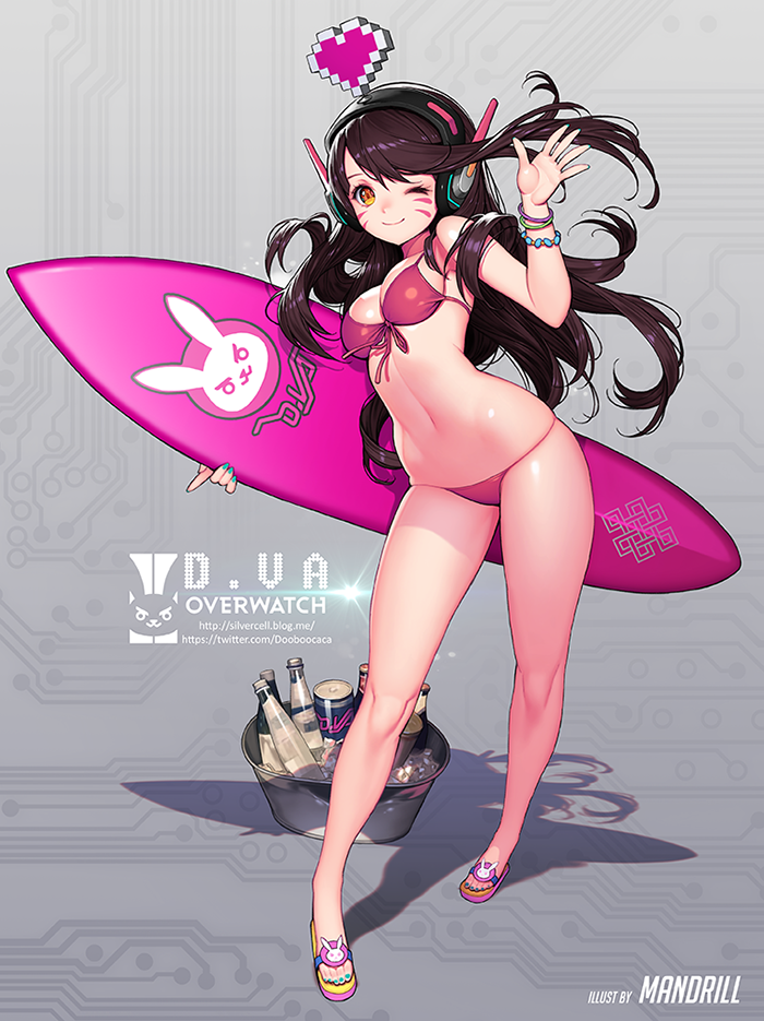 ;) aqua_nails artist_name bangs bare_shoulders bead_bracelet beads bikini bottle bracelet breasts brown_eyes brown_hair bucket can character_name circuit_board closed_mouth contrapposto copyright_name d.va_(overwatch) drink facial_mark fingernails floating_hair front-tie_bikini front-tie_top full_body glass_bottle hand_up headphones heart ice index_finger_raised jewelry legs_apart long_fingernails long_hair looking_at_viewer mandrill medium_breasts midriff nail_polish navel one_eye_closed overwatch pink_lips red_bikini sandals shadow smile solo sparkle spoken_heart standing stomach strap_gap string_bikini surfboard swept_bangs swimsuit toenail_polish toenails twitter_username water_bottle watermark waving web_address whisker_markings yellow_eyes