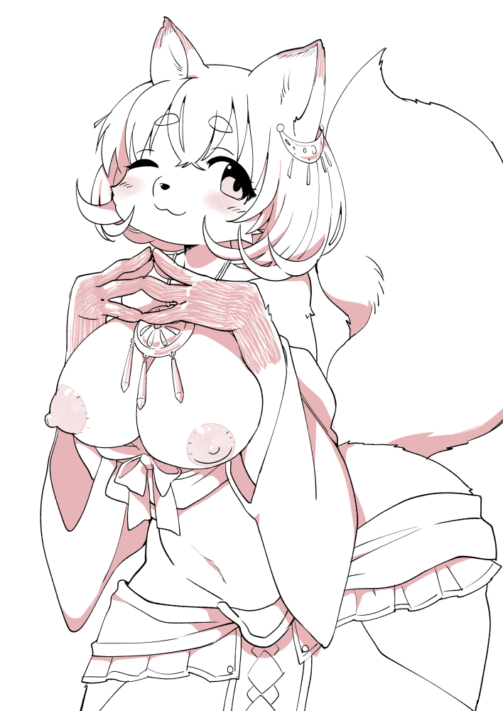 :3 anthro big_breasts blush breasts clothed clothing dipstick_ears felid feline female gloves_(marking) hair jewelry kemono mammal markings monochrome necklace one_eye_closed short_hair solo wink たぬたん