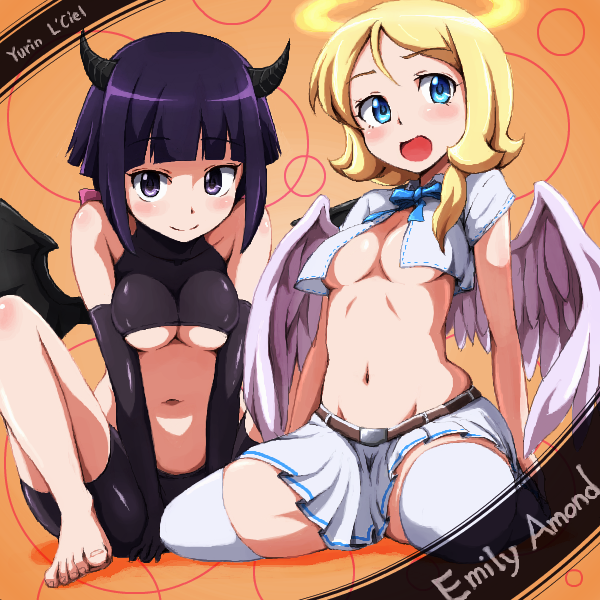 angel_and_devil angel_wings arm_support barefoot belt bike_shorts blonde_hair blue_eyes blush bow breast_squeeze breasts character_name crop_top demon_horns demon_wings emily_armond gundam gundam_age hair_bow hair_over_shoulder halo horns leaning_forward looking_at_viewer medium_breasts midriff multiple_girls navel open_mouth pleated_skirt purple_eyes purple_hair runaru short_hair sitting skirt smile thighhighs underboob wariza white_legwear wings yurin_leciel