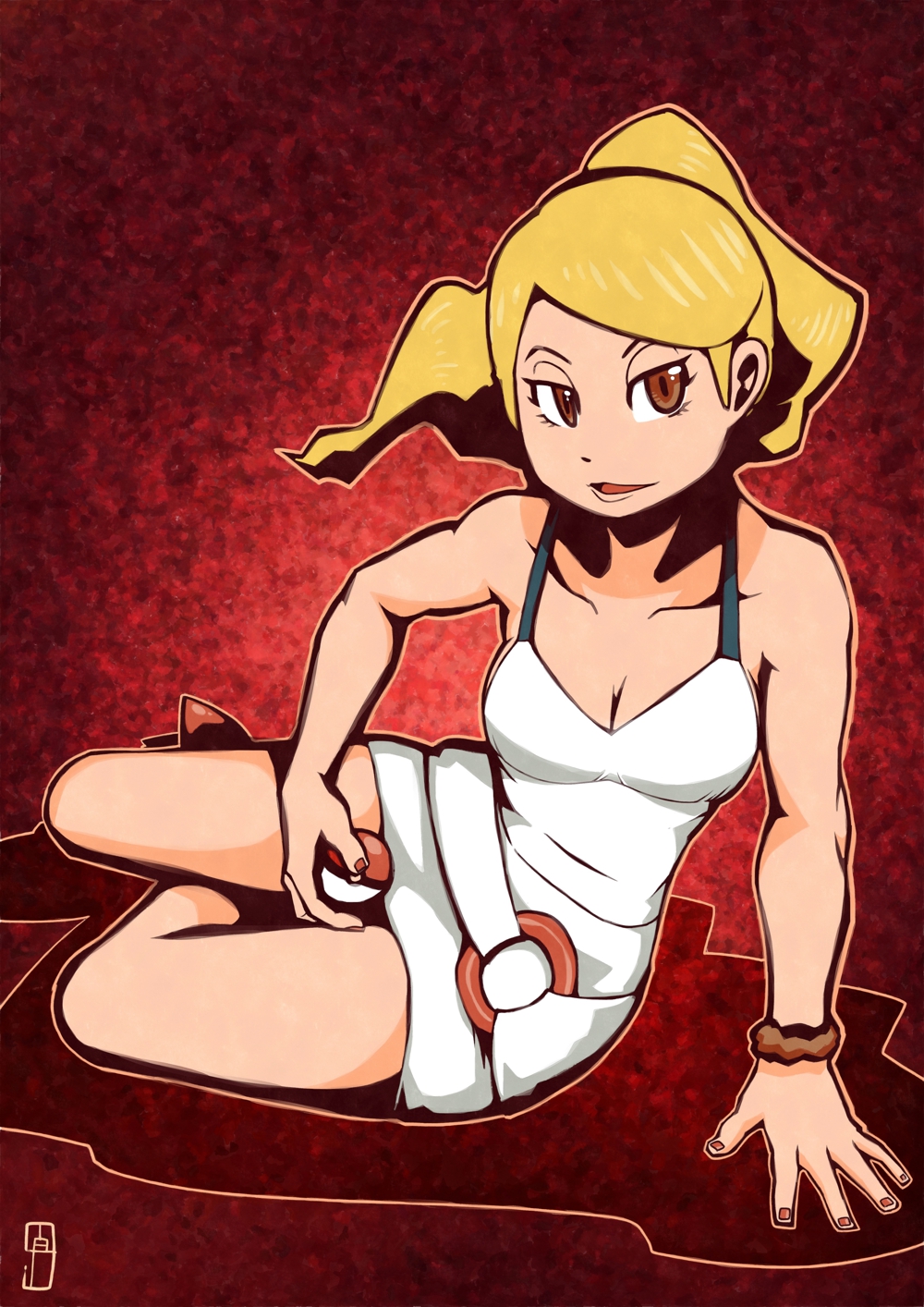 bangs bare_arms bare_legs bare_shoulders beauty_(pokemon) blonde_hair breasts brown_eyes chawalit_adsawawalanon cleavage collarbone commentary dress eyelashes fingernails high_ponytail highres holding holding_poke_ball long_hair looking_away looking_to_the_side lying medium_breasts on_side open_mouth parted_bangs poke_ball poke_ball_(generic) pokemon pokemon_(game) pokemon_sm red_background red_footwear shoes short_dress solo tongue white_dress wristband