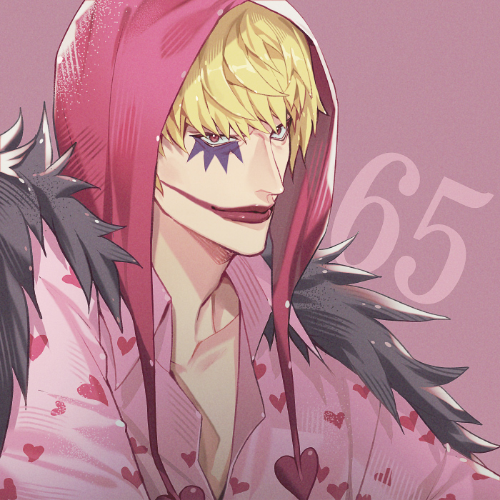 1boy black_cape blonde_hair cape collared_shirt commentary_request donquixote_rocinante feather_coat heart heart_print hood light_smile looking_at_viewer makeup male_focus numbered one_piece pink_shirt purple_background shirt short_hair simple_background solo upper_body yoshicha