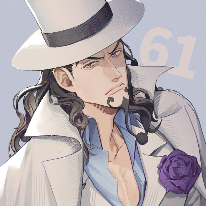 1boy black_hair blue_shirt closed_mouth coat collared_shirt commentary_request facial_hair flower goatee hat long_hair looking_at_viewer male_focus numbered one_piece purple_flower purple_rose rob_lucci rose shirt solo top_hat upper_body v-shaped_eyebrows white_coat white_hat yoshicha