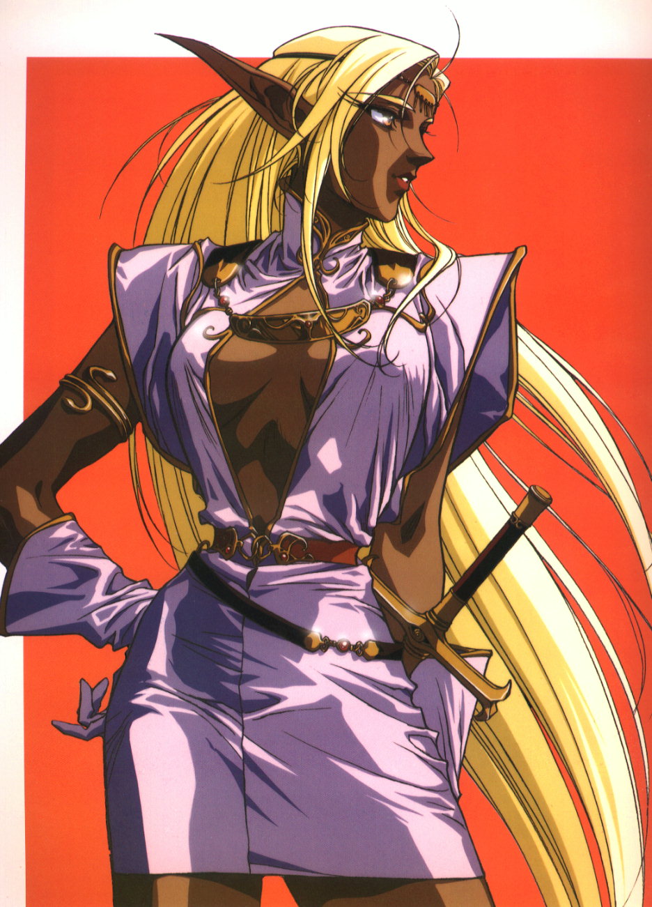 90s ahoge armlet belt beltskirt blonde_hair breasts breasts_apart center_opening circlet cowboy_shot dark_elf dark_skin dress elbow_gloves elf fantasy gloves grin hand_on_hip highres jewelry large_breasts lipstick long_hair long_pointy_ears looking_afar looking_away makeup no_bra official_art open_clothes open_dress parted_lips pirotess pointy_ears profile record_of_lodoss_war red_background red_lipstick short_dress sidelocks simple_background slender_waist smile solo standing sword turtleneck very_long_hair weapon yellow_eyes yuuki_nobuteru