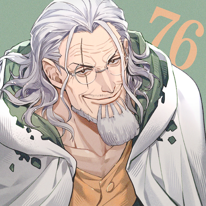 1boy beard buttons cloak commentary_request facial_hair from_above glasses green_background hood hooded_cloak male_focus medium_hair mustache_stubble numbered one_piece orange_shirt scar scar_across_eye shirt sidelocks silvers_rayleigh smile solo stubble upper_body v-shaped_eyebrows white_hair yoshicha