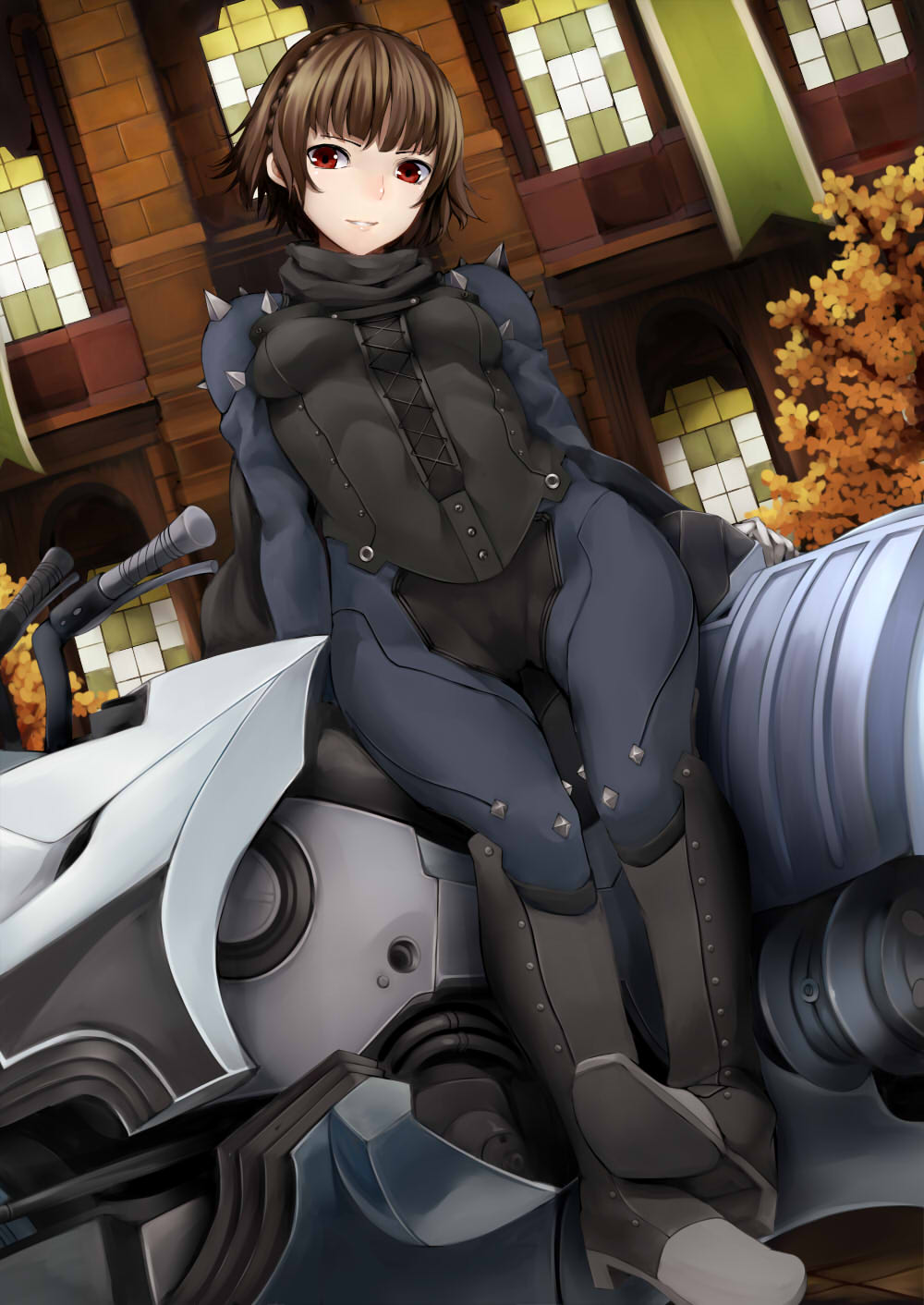 bodysuit boots braid breasts brown_hair crown_braid dutch_angle ground_vehicle highres joanna_(persona_5) looking_at_viewer motor_vehicle motorcycle nemu_(nebusokugimi) niijima_makoto pauldrons persona persona_5 red_eyes short_hair shoulder_pads small_breasts solo