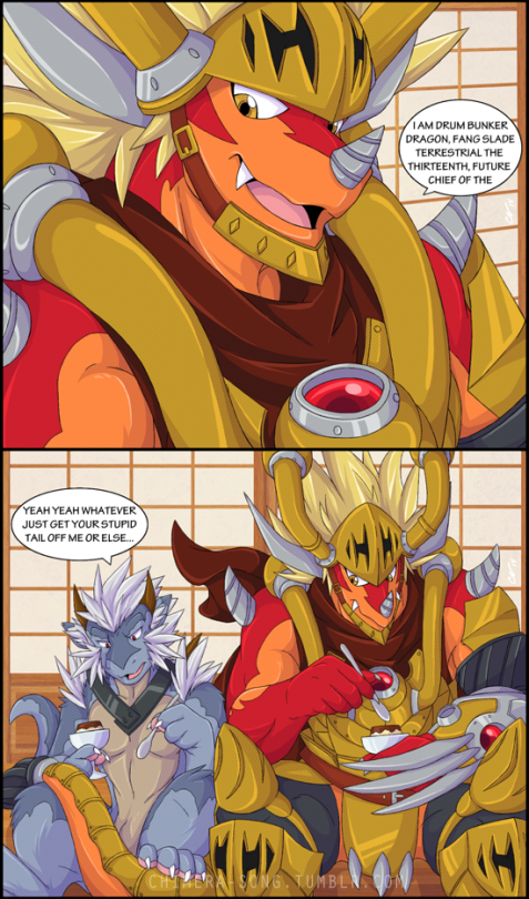 armor bragging cape chimera-song claws clothing comic dialogue disgust dragon drum_(buddyfight) english_text food future_card_buddyfight hair horn male muscular nude pudding reptile scalie sitting spoon surprise teeth text threaten