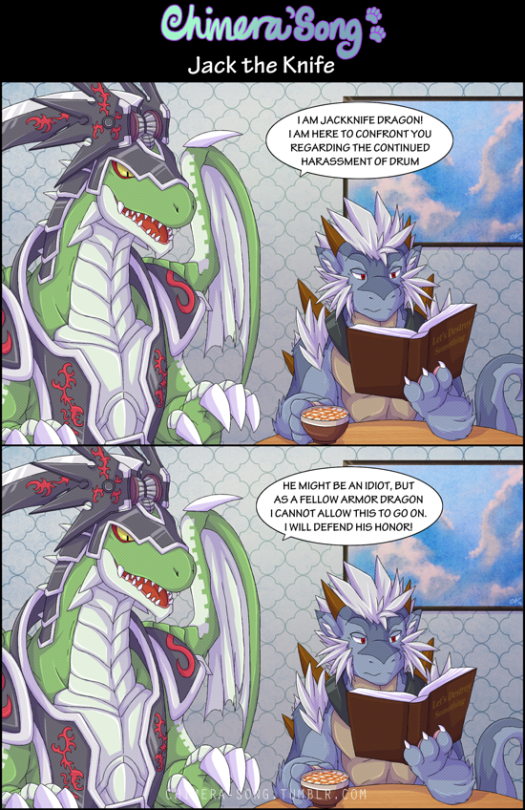 armor beverage book chair chimera-song claws clothing coffee comic dialogue dragon food future_card_buddyfight hair horn jackknife_dragon_(buddyfight) male muscular painting reptile scalie sitting sword_helm table teeth threaten weapon wings