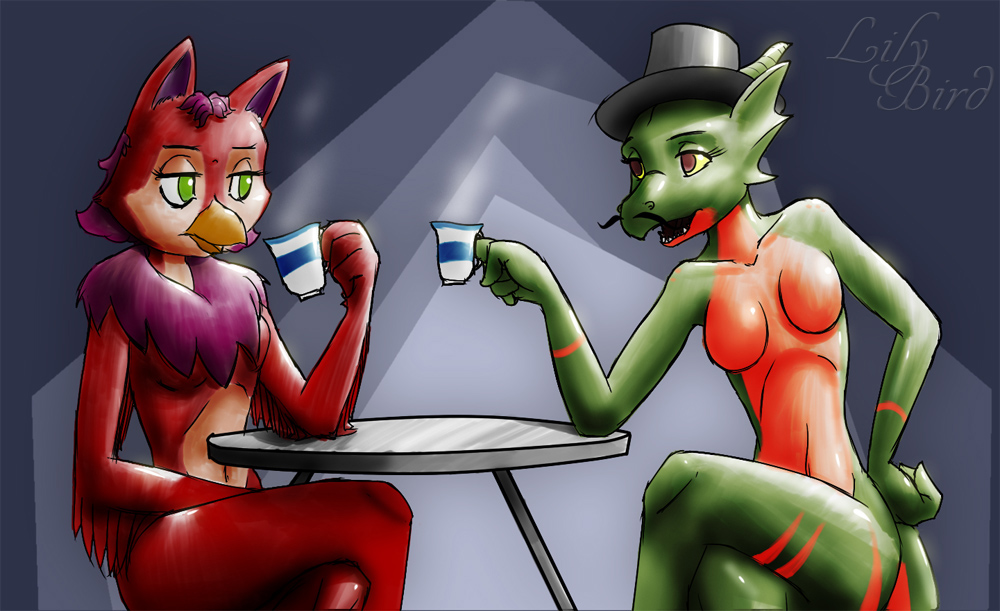 2015 anthro avian beak bird breasts duo facial_hair feathers featureless_breasts female green_scales lily_(lilybird) lilybird lizard mustache navel nude red_belly red_feathers red_scales reptile scales scalie teacup
