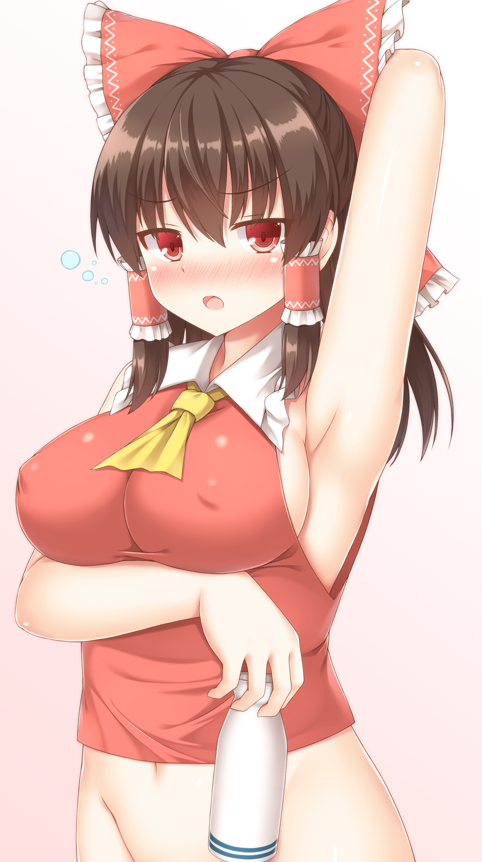arm_behind_head armpits ascot blush bottle bottomless bow breasts brown_hair covered_nipples drunk eyebrows_visible_through_hair gradient gradient_background groin hair_bow hair_tubes hakurei_reimu highres large_breasts navel open_mouth out-of-frame_censoring red_bow red_eyes short_hair sideboob solo touhou yuu_(yu0221f)