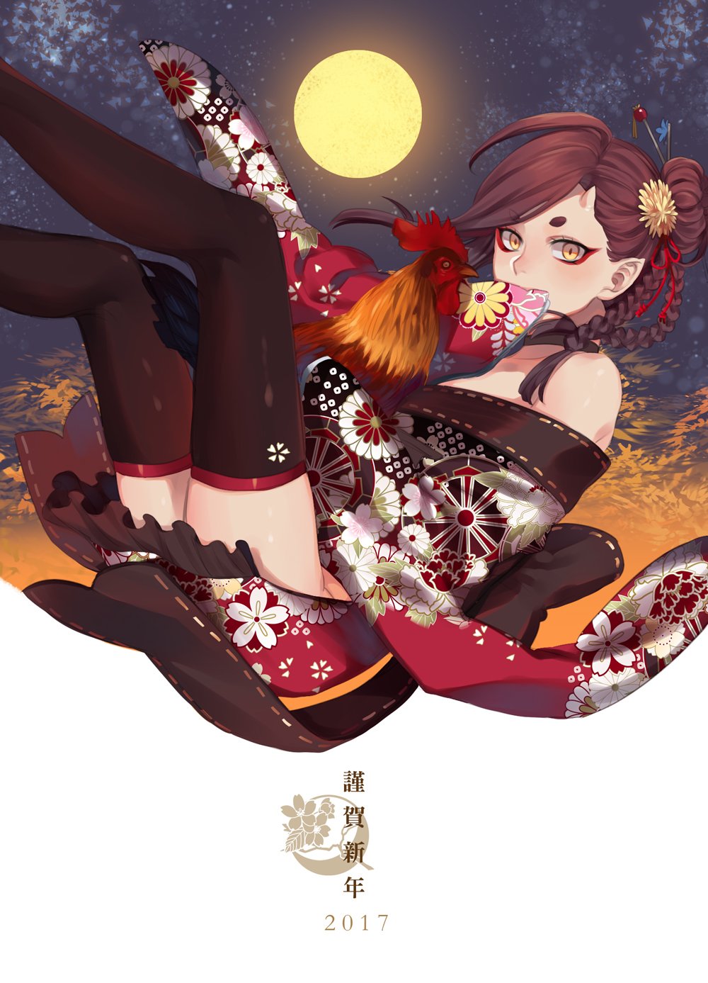 2017 bare_shoulders bird braid brown_hair chicken eyeliner full_moon hair_bun hair_ornament hair_stick highres horns japanese_clothes makeup moon night night_sky original pointy_ears rin2010 rooster sky solo thighhighs translation_request twin_braids yellow_eyes