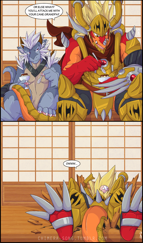 angry armor cape chimera-song claws clothing comic dialogue disgust dragon drum_(buddyfight) food future_card_buddyfight hair horn male muscular nude pudding reptile scalie sitting spoon surprise teeth toe_claws wounded