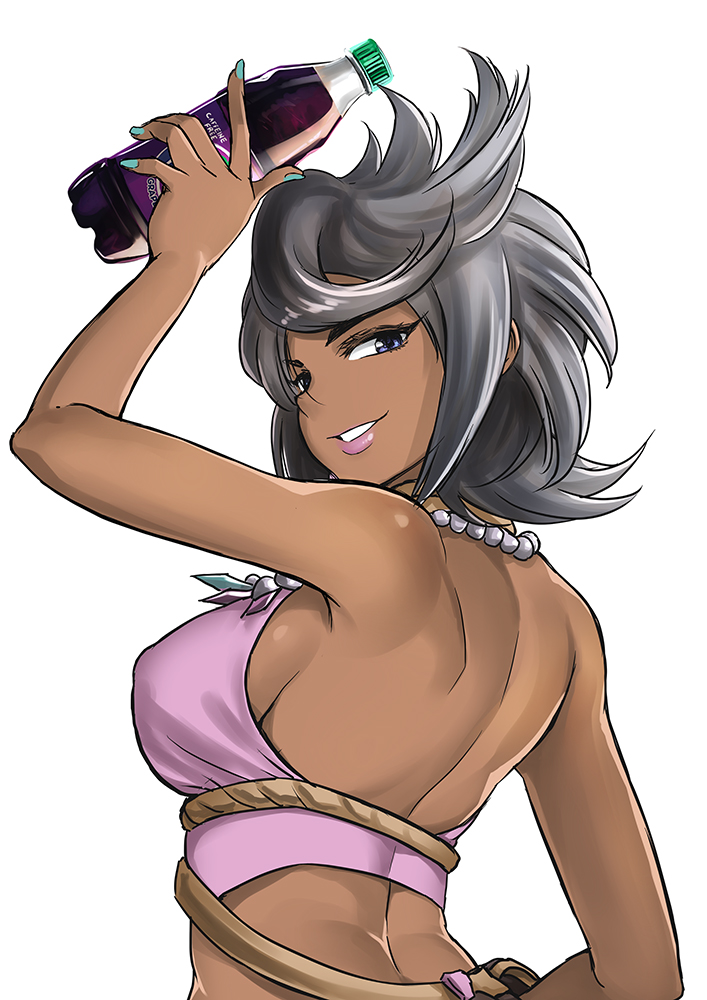 armpits bare_arms bare_shoulders bead_bracelet beads blue_eyes bottle bracelet breasts commentary_request dark_skin from_behind grey_hair jewelry kaorihero large_breasts looking_at_viewer looking_back lychee_(pokemon) parted_lips pokemon pokemon_(game) pokemon_sm short_hair sideboob smile solo upper_body wavy_hair