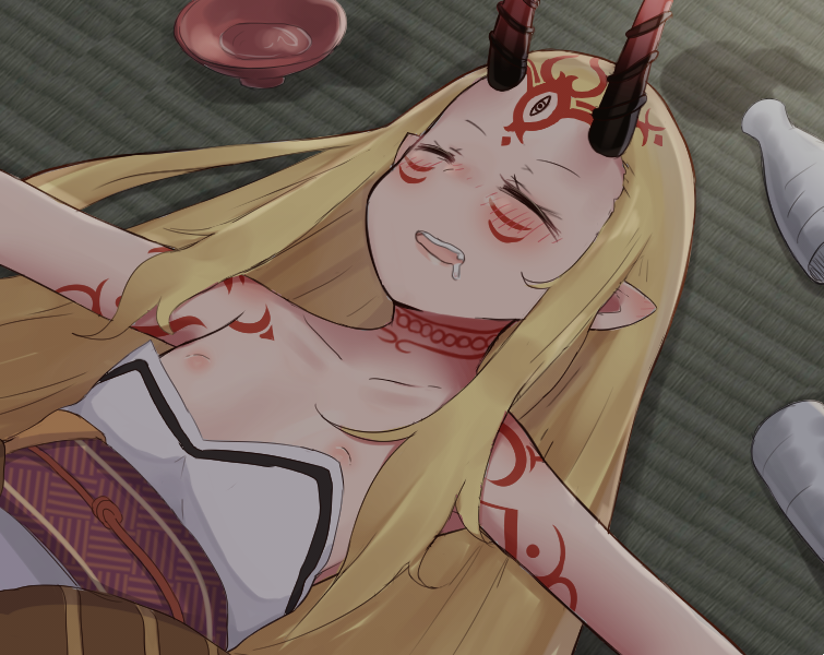 alcohol blonde_hair blush bottle closed_eyes collarbone commentary_request cup drooling dutch_angle facial_mark fate/grand_order fate_(series) flat_chest horns ibaraki_douji_(fate/grand_order) indoors inverted_nipples japanese_clothes kimono long_hair lying nipples obi on_back on_floor oni oni_horns open_mouth outstretched_arms paingumi pointy_ears sakazuki sake saliva sash sleeping solo tatami tattoo tokkuri upper_body