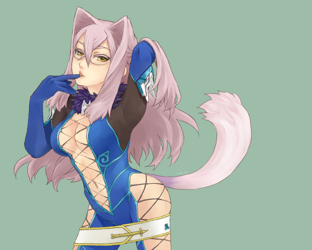 1girl belt bodysuit breasts brown_eyes brown_hair fur_trim glasses green_background lips long_hair navel open_mouth presa_(tales) tail tales_of_(series) tales_of_xillia