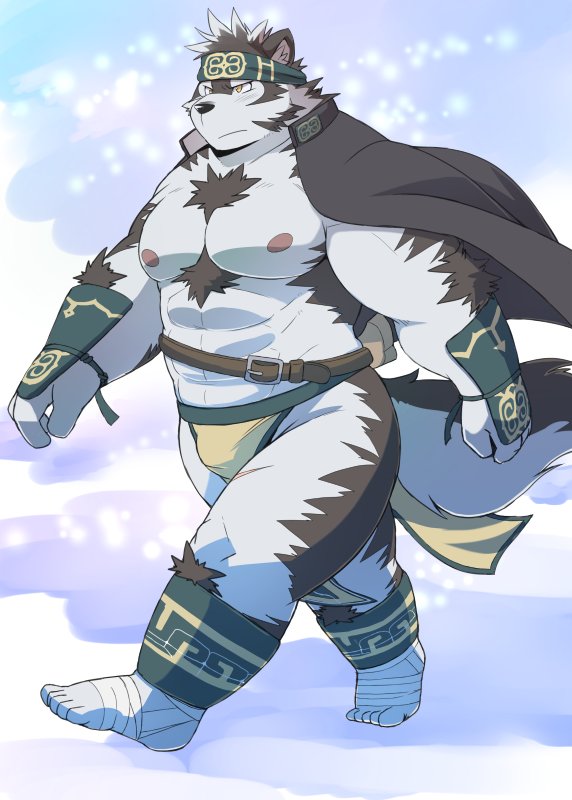 abs anthro areola armpit_hair armpits biceps big_biceps big_muscles big_pecs biped black_fur black_hair black_nose brown_eyes bulge canine cheek_tuft chest_tuft claws clothed clothing digital_drawing_(artwork) digital_media_(artwork) dog elbow_tufts fur fur_tuft grey_fur grey_hair hair hair_tuft headband horkeukamui humanoid_hands knee_tuft loincloth male mammal manly multicolored_fur multicolored_hair muscular muscular_male navel neck_tuft nipples pecs serious shaded short_hair snout solo thick_thighs tokyo_afterschool_summoners topless triceps tuft two_tone_fur two_tone_hair white_claws wolf