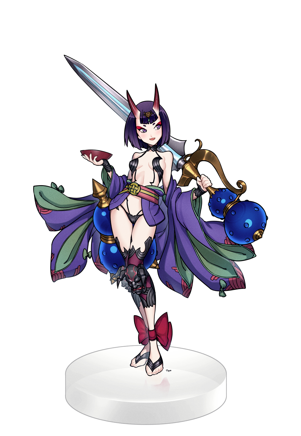 ankle_bow ankle_ribbon barefoot barefoot_sandals bow breasts commentary cup fate/grand_order fate_(series) full_body gourd hair_ornament highres horns japanese_clothes kimono navel obi oni oni_horns open_mouth purple_eyes purple_hair revision ribbon sakazuki sash short_eyebrows short_hair shuten_douji_(fate/grand_order) small_breasts smile solo sword transparent_background typo_(requiemdusk) weapon
