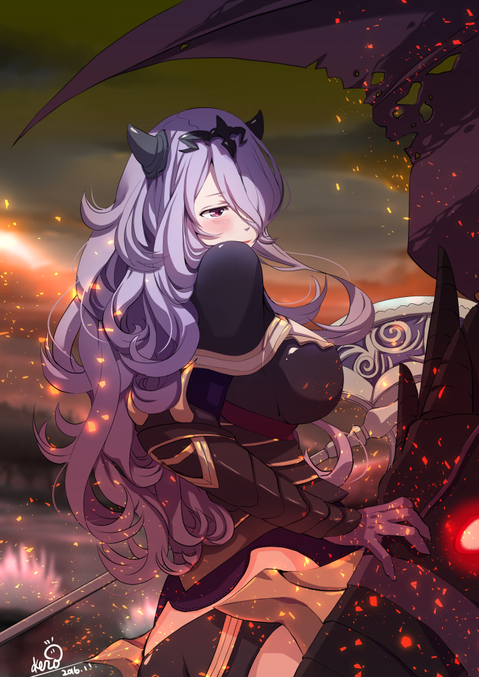 armor ass axe black_armor black_panties blush breasts camilla_(fire_emblem_if) capelet cleavage cleavage_cutout dragon fire_emblem fire_emblem_if glowing glowing_eyes hair_ornament hair_over_one_eye kero_sweet large_breasts lips marzia_(fire_emblem_if) panties purple_eyes purple_hair red_eyes smile tiara underwear vambraces wavy_hair weapon wyvern