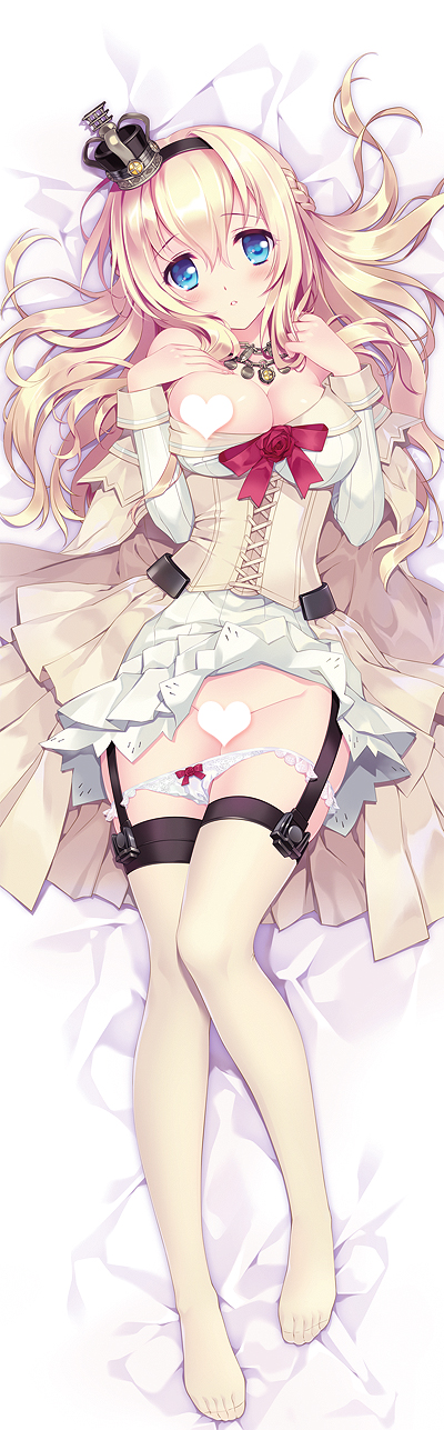 bare_shoulders blonde_hair blue_eyes blush bow bow_panties braid breast_press breasts carnelian censored corset crown dakimakura dress flower french_braid full_body garter_straps groin heart heart_censor highres kantai_collection large_breasts long_hair long_sleeves looking_at_viewer mini_crown no_shoes off-shoulder_dress off_shoulder panties panty_pull parted_lips red_flower red_ribbon red_rose ribbon rose sample solo thighhighs thighs underwear warspite_(kantai_collection) white_dress white_panties yellow_legwear