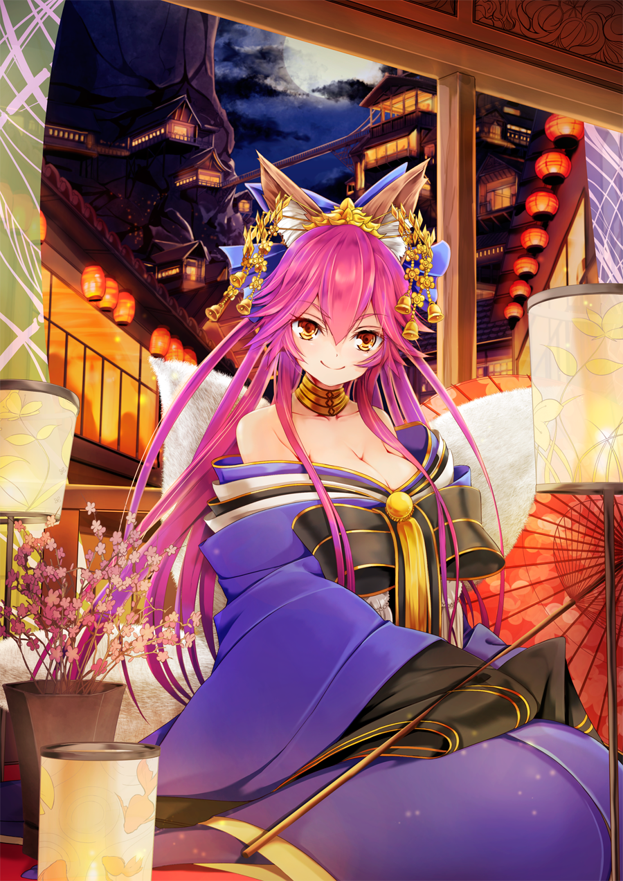 &gt;:) adapted_costume animal_ears architecture bangs bare_shoulders bell blue_ribbon blurry breasts bridge cleavage closed_mouth cloud cloudy_sky collarbone depth_of_field east_asian_architecture eyebrows_visible_through_hair eyelashes fate/extella fate/extra fate_(series) flower fox_ears fox_tail full_moon hair_between_eyes hair_ornament hair_ribbon hair_stick highres hopper japanese_clothes jewelry kanzashi kimono kitsune lantern light_particles long_hair long_sleeves looking_at_viewer md5_mismatch medium_breasts moon mountain multiple_tails necklace night night_sky off_shoulder oiran oriental_umbrella paper_lantern pink_flower pink_hair plant potted_plant railing ribbon shiny shiny_hair silhouette sky sleeves_past_wrists smile solo tail tamamo_(fate)_(all) tamamo_no_mae_(fate) umbrella v-shaped_eyebrows very_long_hair wide_sleeves yellow_eyes