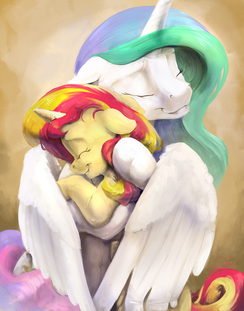 blonde_hair blue_hair duo equestria_girls equine eyelashes eyes_closed feathered_wings feathers friendship_is_magic green_hair hair hooves horn hug mammal multicolored_hair my_little_pony princess_celestia_(mlp) red_hair silfoe smile sunset_shimmer_(eg) unicorn white_feathers winged_unicorn wings
