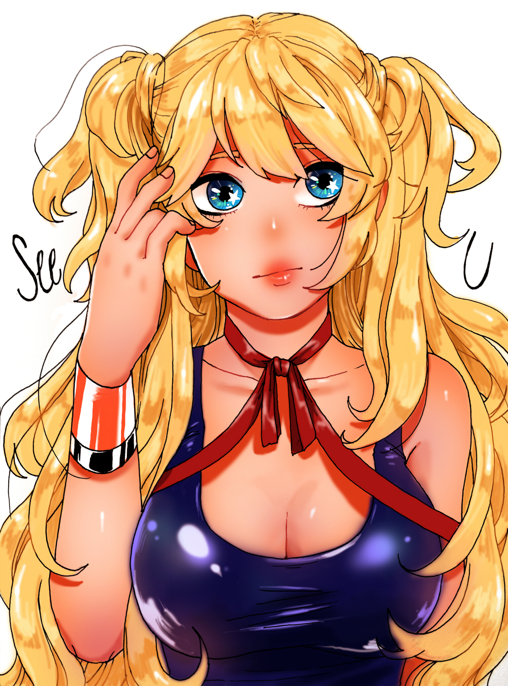 blonde_hair blue_dress blue_eyes breasts choker chomong cleavage collarbone dress highres lips long_hair medium_breasts messy_hair ribbon_choker seeu solo star star-shaped_pupils symbol-shaped_pupils taut_clothes taut_dress two_side_up vocaloid